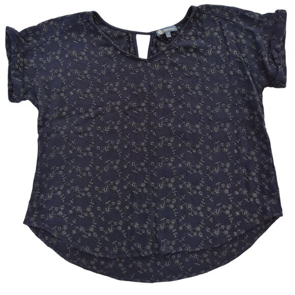 Democracy Embroidered Short Sleeve Navy Blue Keyhole Back Top Women's Size S EUC - Picture 1 of 6